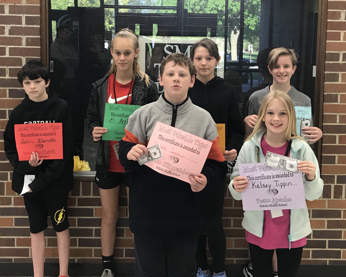 SedaliaMiddle's tweet photo. Check out this week's Most Valuable Tigers! 
Way to go SMS students! #tigerpride @SEDALIASCHOOLS 
Blackhawks: Zadin Marcotte
A-10: Ayla Perkins
Skyraiders: Dylan Lacey
Falcons: Eleonora Zemetskaya
Apache: Kelsey Tippin
Stealth: Maelin Robb https://t.co/trhyIHDn6w