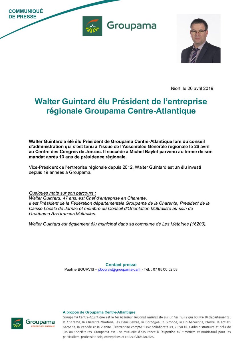 GroupamaCA's tweet photo. Nouveau Président pour la caisse régionale #Groupama Centre-Atlantique. 👇 ci-dessous le communiqué de presse: https://t.co/wJrOlMBqrX