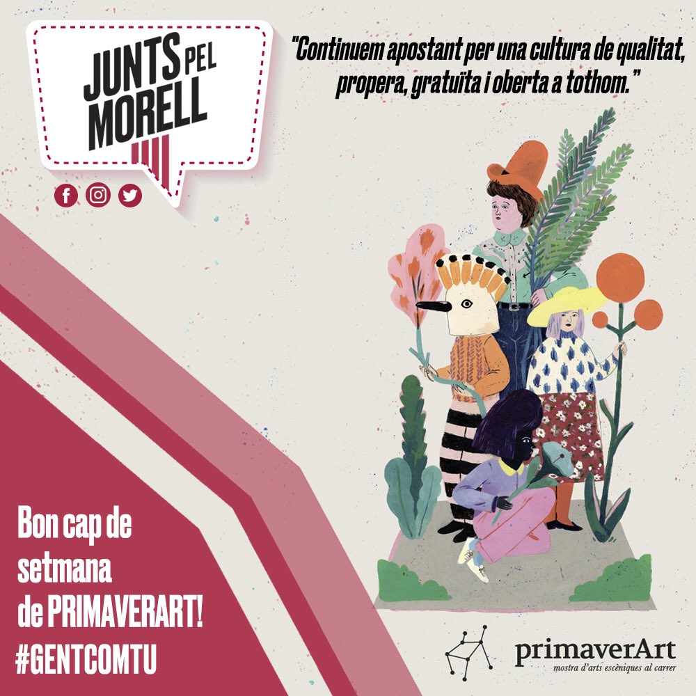 JuntspelMorell's tweet photo. Que passeu un bon cap de setmana de PRIMAVERART! Ens trobem pels carrers i les places! #GentComTU #ElMorell #Cultura #Musica #Dansa #Circ #Teatre https://t.co/9Pkrga4XNG