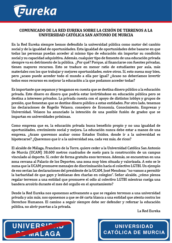 ⚠️El alcalde de Málaga quiere ceder mucho terreno público a una universidad privada. Y no cualquier privada, se trata de una que no respeta a la comunidad LGTBI, y que pretende ofrecer grados que ya existen en la UMA. 

¿Vamos a permitir que entren así de fácil? #PeligroUCAM
⬇️⬇️