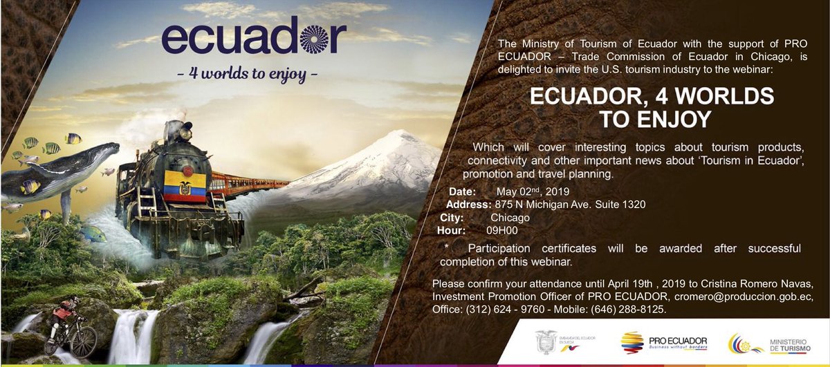 JLCabas's tweet photo. We are pleased to invite the United States tourism industry and press to the webinar “ Ecuador, 4 Worlds to Enjoy ”. #EcuadorInChicago #BusinessWithoutBorders @proecuadornoram https://t.co/aNq3egXEOQ