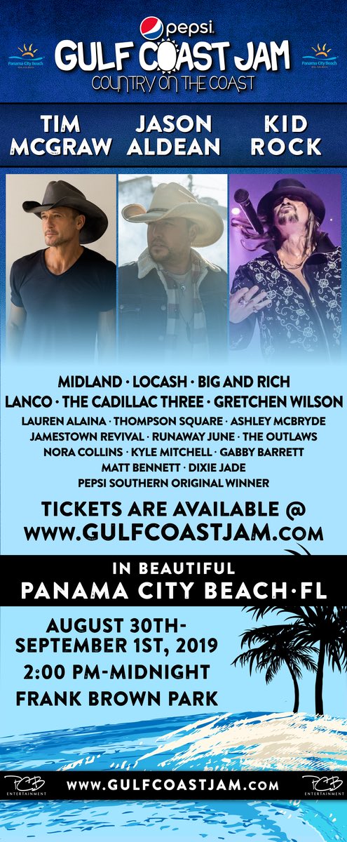 ProducerJam's tweet photo. RT to win 2 vip to @GulfCoastJam full lineup @TheTimMcGraw @Jason_Aldean @KidRock @MidlandOfficial @LOCASHmusic @bigandrich @gw27 @LancoMusic @thecadillac3 plus alont more. Tickets on sale now https://t.co/L51jDDnSXL @Visit_PCB @pepsi @FRLAnews @VISITFLORIDA https://t.co/K1Iml2zKc7