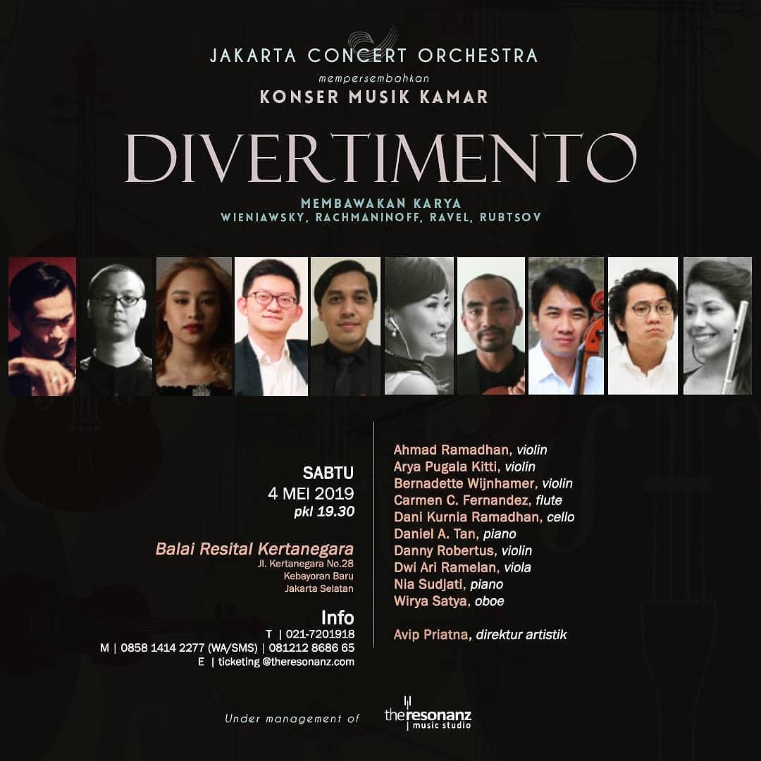[INFO KONSER]

Jakarta Concert Orchestra kembali membawakan konser musik kamar

DIVERTIMENTO 2019

Sabtu, 4 Mei 2019 jam 19.30 WIB di Balai Resital Kertanegara.

Info:
021 7201918
0858 1414 2277