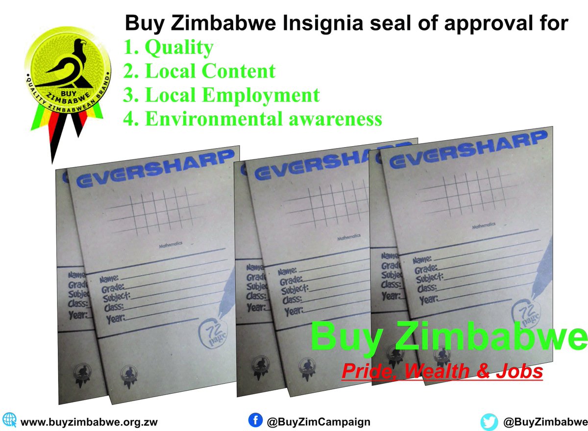 BuyZimbabwe's tweet photo. Locally manufactured @ZimEversharp exercise books. #BuyZimForPrideWealthAndJobs
The Buy Zimbabwe Insignia is synonymous with Quality, local content, Fair labour practices and Environmental awareness. #MakeLocalBuyLocal https://t.co/046KxZCN4m