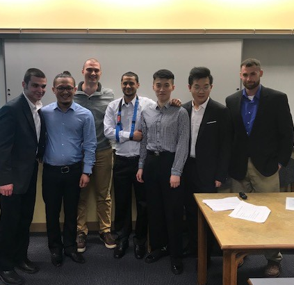 Recent <a href="/Ashland_Univ/">Ashland University</a> grad Ivan Wortman went on to establish the Shower90 <a href="/ShowerSling/">Shower90 Arm Sling</a>, which was the focus of one of our MBA 501 Organizational Development student teams. Here he is (3rd from left) back at <a href="/AU_COBE/">Dauch COBE</a>  to hear their final presentation.