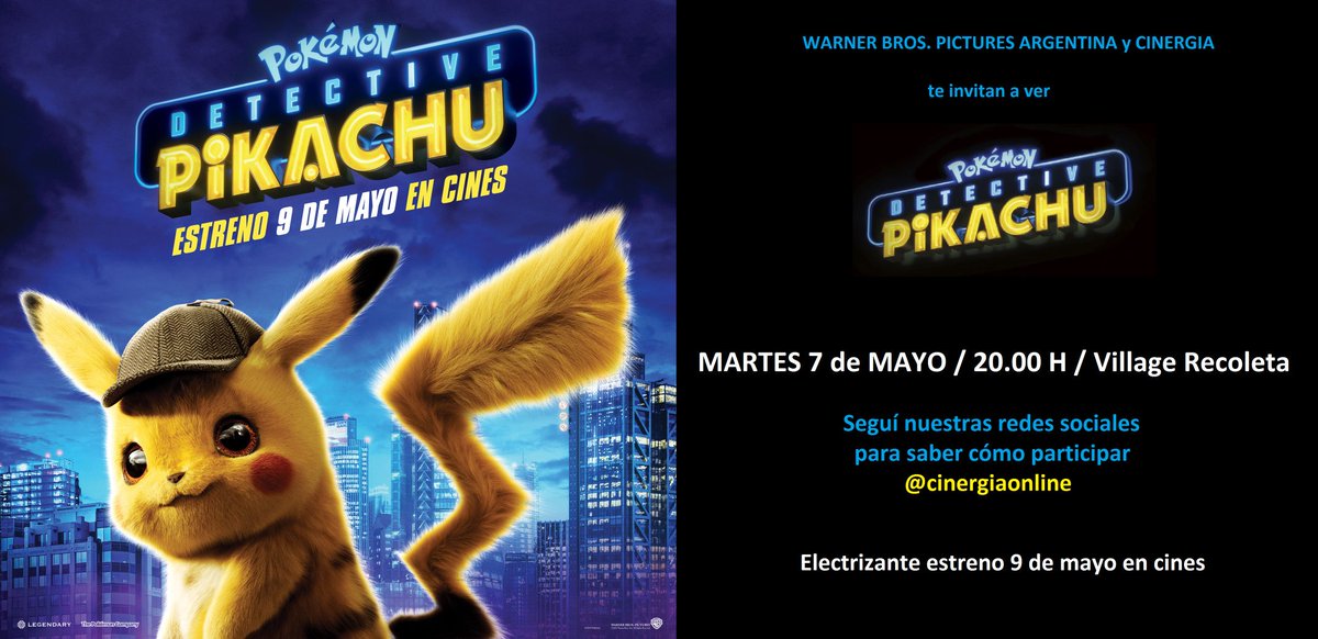 📣 [CONCURSO]
#DetectivePikachu 

¡Llega a los cines una historia electrizante!

¡Te invitamos con <a href="/WBPictures_Ar/">Warner Bros Pictures Argentina</a> a ver #DetectivePikachuMovie antes que nadie!

RT 🔁
FOLLOW ✅ 

¡Y ya estás participando!