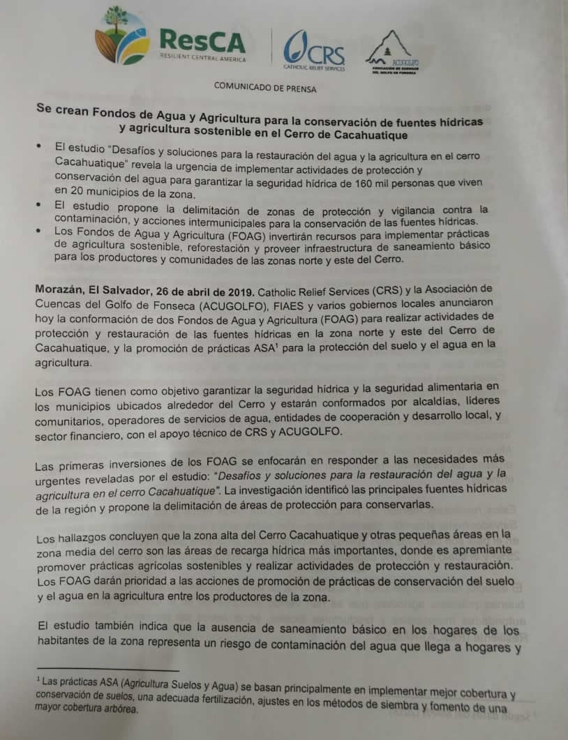 ResilienteCA's tweet photo. 👏👏👏 #ElSalvador: Crean Fondos de Agua 🌊 y Agricultura 🌽 (#FOAG) para la conservación de fuentes hídricas y #AgriculturaSostenible en el Cerro de Cacahuatique. #SomosResCA #ComunicadoDePrensa 👇 https://t.co/TvBRNdJXrk