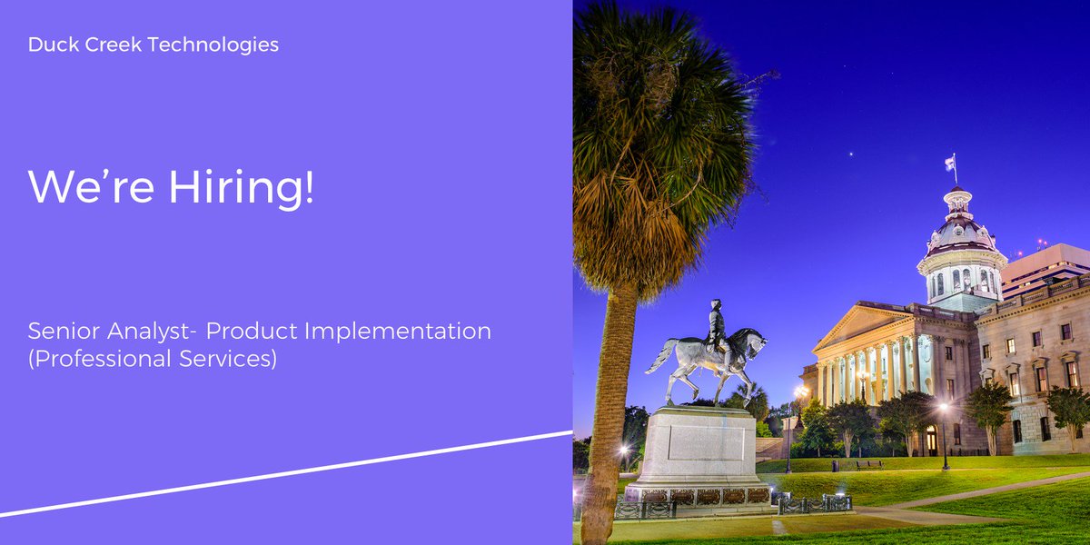 Rondonator's tweet photo. Duck Creek is a leading provider of comprehensive P&amp;C insurance software and services for insurers of all sizes worldwide. Are you interested in joining our growing product implementation team in Columbia, South Carolina? Apply here: https://t.co/4ByK3BuP16 https://t.co/rZA2GVfXZ5