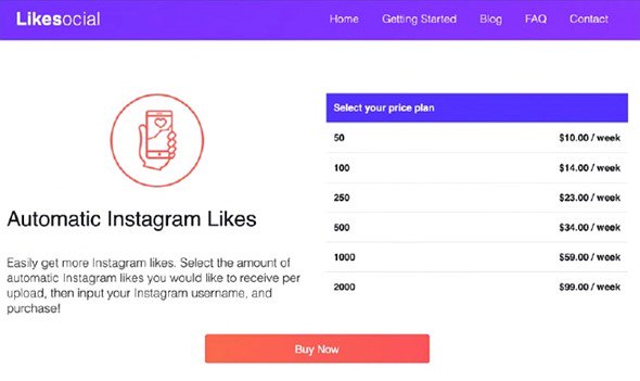 A screenshot provided in the complaint showing the pricing of LikeSocial, a website Facebook and Instagram allege the defendants used to sell inauthentic Instagram activity.