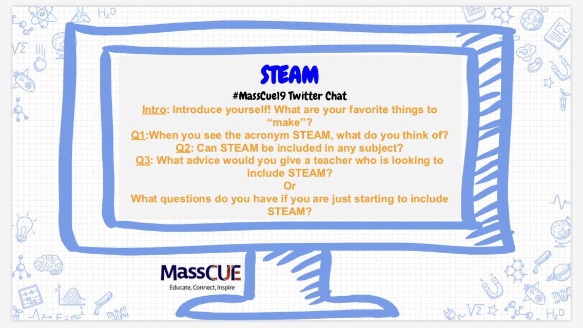 STEAMuptheClsrm's tweet photo. Got weekend plans? How about thinking about these questions!?😉😁 Join us at 8:30pm EST on April 30 for #masscue19 chat! @masscue @mrserinfisher @cterrillteach #makerEd #primarystemchat #steammakerchat #stem #steam https://t.co/3QClTfg80o