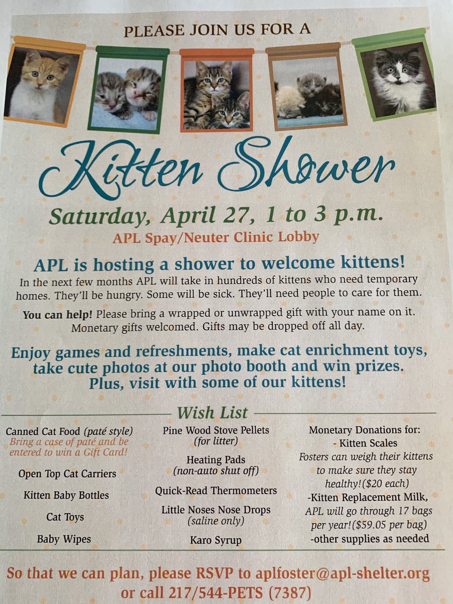 rhsapl's tweet photo. This Saturday 1 to 3 the APL will be holding a kitten shower!! 🙀😻 https://t.co/gErduprOPJ