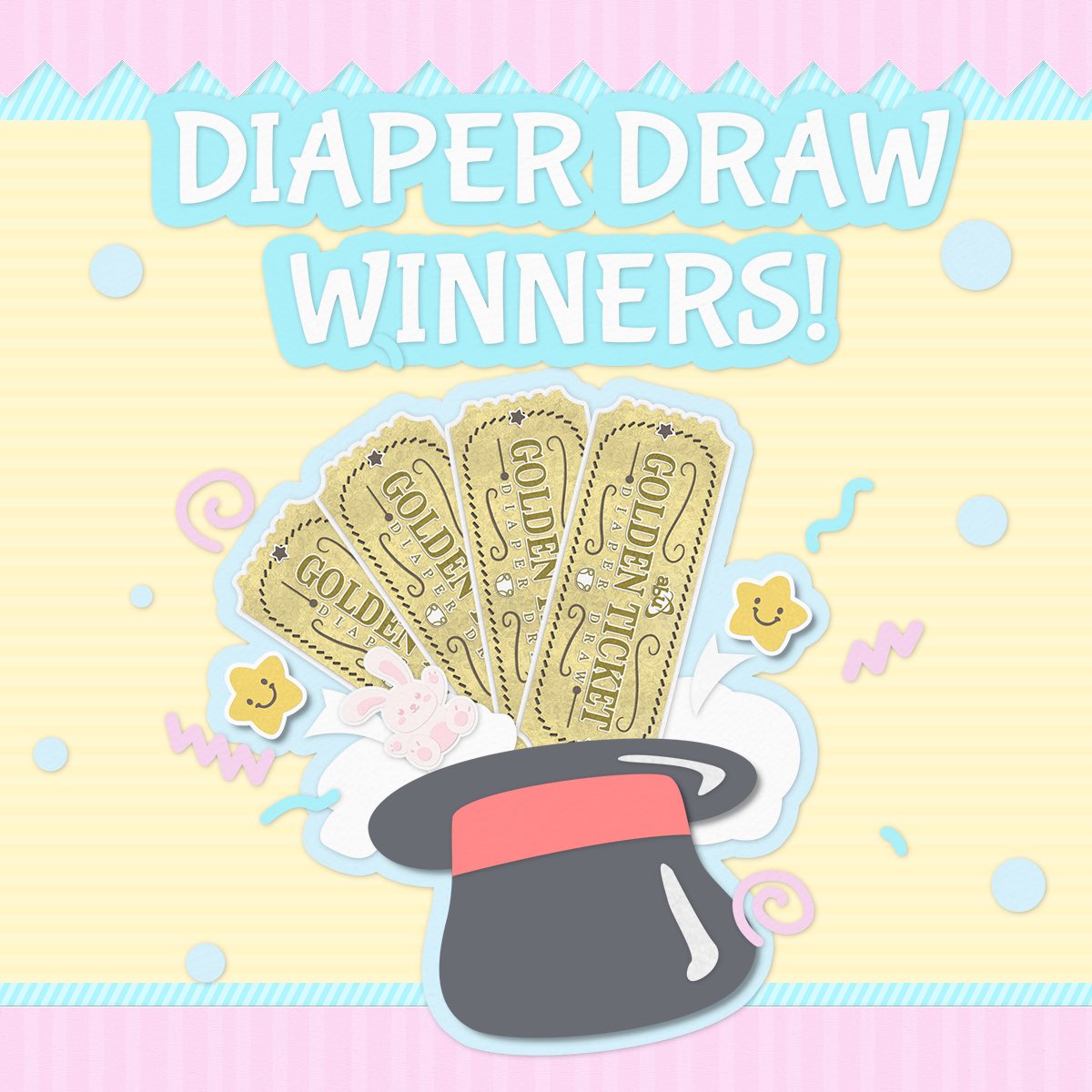 ABUDiapers's tweet photo. For those of you who haven’t been watching Big Kid Casey’s speech, the winners of our Golden Ticket Diaper Draw are being announced now. Congrats crinklebutts! We’ll reach out to your shortly to arrange your free pack of pamps every month for a whole YEAR! #ABU4 https://t.co/8F96DlAHuu