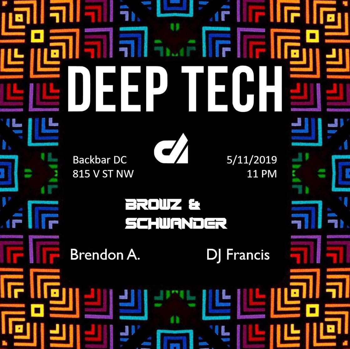 DeepTechDC's tweet image. Deep Tech XXXVII @
Backbar DC (@backbardc), 
815 V ST NW
SATURDAY, 5/11
$5, 11 PM, 21+
DT’s residency at Backbar DC is here for May!
Featured DJs: @BrowzSchwander, DJ Francis, &amp;amp; Brendon A.
#Techno #HouseMusic #EDM #DJ #DJs #MusicLife #DMVmusic #WashingtonDC #DCMusic