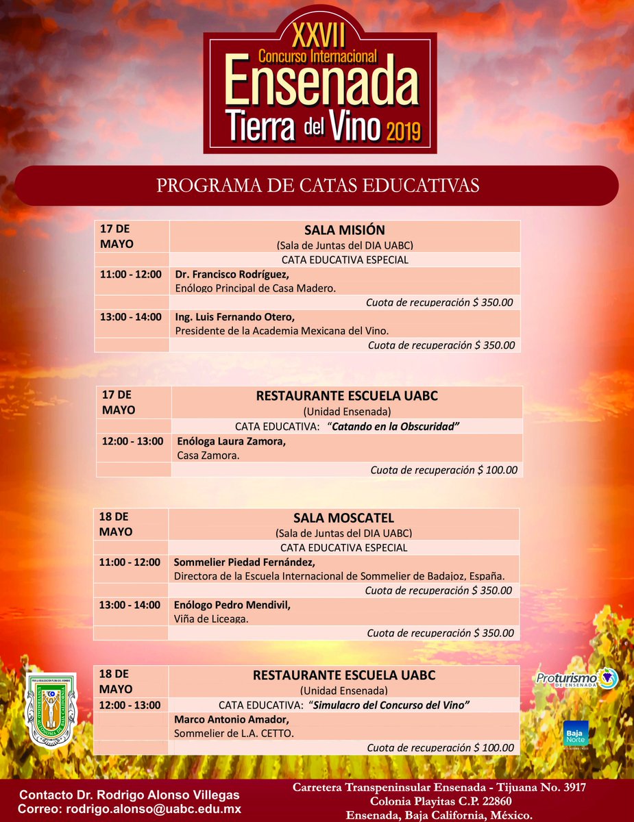 MIWC_UABC's tweet photo. Les compartimos el programa de Catas de Vino Educativas en las que se podrá participar durante el Concurso Internacional Ensenada Tierra del Vino 2019
#CIETVO2019🍇🍷

Interesados favor de registrarse con el Dr. Rodrigo Alonso al correo electrónico: rodrigo.alonso@uabc.edu.mx https://t.co/MzloJZ4Mjw