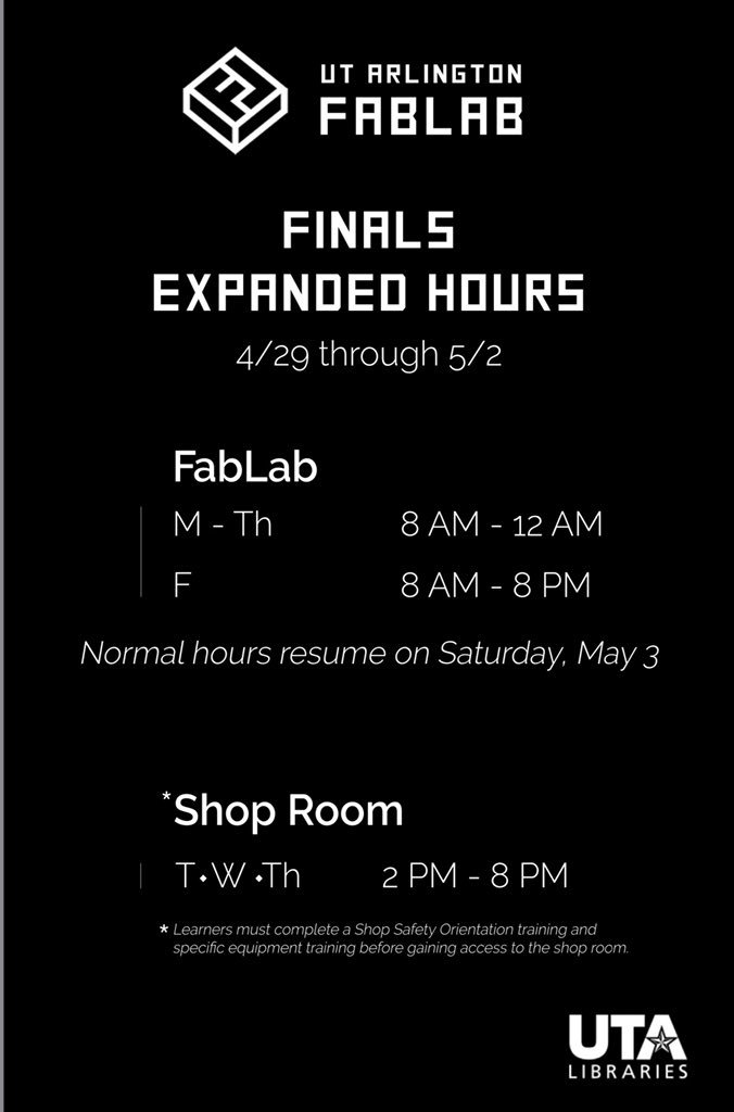 One less thing you have to worried about during finals, come check out the lab during our expanded hours just for finals week! We’ve got your back!
.
.
.
#fablab #makerspace #creative #art #3dprinting #lasercutting #vinylcutting #cameosilhouette
