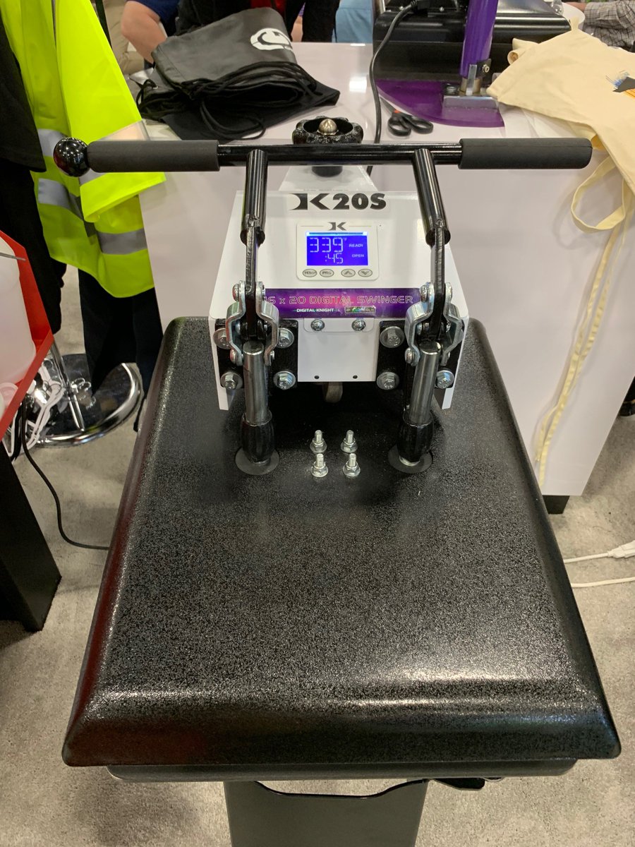 NHellmuth_'s tweet photo. #GEOKnight #HeatPress for T-shirts were in many booths of well-known distributors at ISA2019 #signexpo. GEO Knight model K20S 16x20 digital swinger was clearly the preference of many T-shirt printing inkjet and toner printer workflow equipment distributors. https://t.co/fs5vvBmkdJ