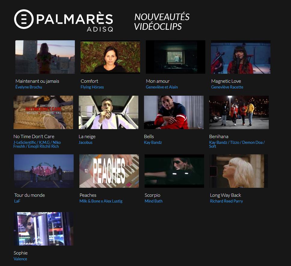 Adisq (@adisq_) on Twitter photo Plusieurs nouveaux #vidéoclips cette semaine ➡️ bit.ly/2RkGyh0
Vous pouvez écouter sur #PalmarèsADISQ les nouveaux clips de <a href="/EvelyneBrochu/">Evelyne</a>, <a href="/FlyingHorseCO/">Flying Horse</a>, <a href="/rbbmusique/">GenevièveRB&AlainB</a>, @Geracett, <a href="/LaF_soin/">LaF</a>, <a href="/milknbone/">Milk & Bone</a>, <a href="/mindbathbaby/">Mind Bath</a>, <a href="/ParryReed/">Richard Reed Parry</a> et plusieurs autres 🎶🎥 Plusieurs nouveaux #vidéoclips cette semaine ➡️ bit.ly/2RkGyh0
Vous pouvez écouter sur #PalmarèsADISQ les nouveaux clips de <a href="/EvelyneBrochu/">Evelyne</a>, <a href="/FlyingHorseCO/">Flying Horse</a>, <a href="/rbbmusique/">GenevièveRB&AlainB</a>, @Geracett, <a href="/LaF_soin/">LaF</a>, <a href="/milknbone/">Milk & Bone</a>, <a href="/mindbathbaby/">Mind Bath</a>, <a href="/ParryReed/">Richard Reed Parry</a> et plusieurs autres 🎶🎥