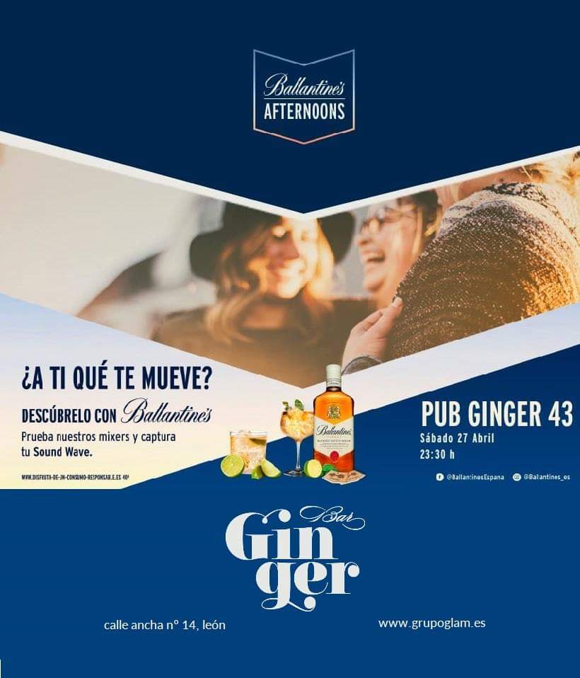 GingerBarLeon's tweet photo. 💬 A ti qué te mueve..? ➡️ Sábado 27 de abril a partir de las ⏰ 23:30h fiesta @Ballantines_ES en 📌Ginger con degustación y regalos..!! Prueba nuestros mixers y captura tu Sound Wave. #ballantines #leonesp #calleanchaleon #tardeo #terraceo #party #friends https://t.co/dogo6EvE8d