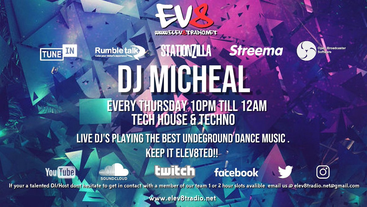 Elev8tradiouk's tweet photo. Michael Redant live till 8pm cover show tech house all the way lockin via website or tunein app https://t.co/mUlpk10GB5 https://t.co/y6VPWgzECU