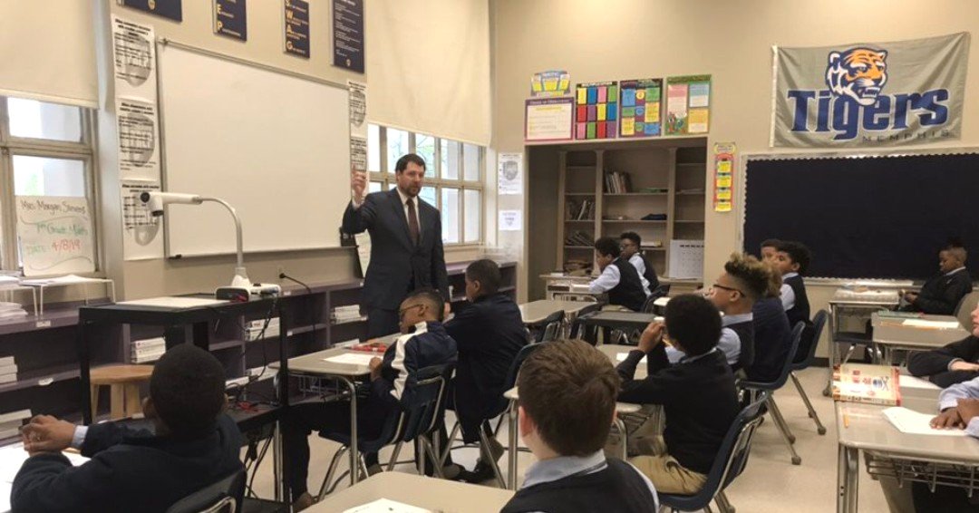 GrizzliesPrep's tweet photo. Mr. Higgins, a local attorney, speaks to Enrichment scholars about his experience as a lawyer as they prepare for a mock trial unit. #grizzliesprep #enrichment #DowntownMemphis https://t.co/9WGJu9vTkX