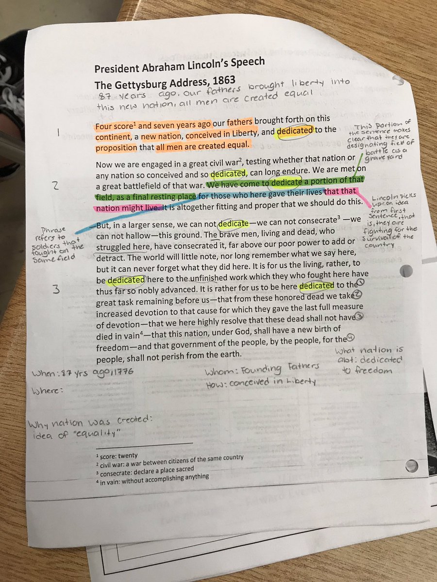 historyxperez's tweet photo. Third year teaching the Gettysburg Address lesson from @achievethecore ( sent to me by @SethDEdwards my first yr teaching). Third year of being amazed by how the details of the lesson allow EVERY student to unlock the meaning &amp; historical importance of the speech on their own. https://t.co/YOP3NTSXOW