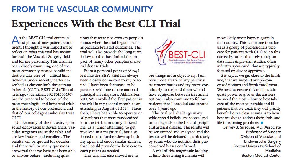 BEST_CLI's tweet image. What is your experience being a PI for the @BEST_CLI trial? Check out this article by @JeffSiracuse &quot;I am now more aware of my personal
treatment biases and try more consciously to suspend them&quot; #BESTCLI #ShareYourStory @AlikFarber @krosenfieldMD @MattMenard6 @BMCSurgery