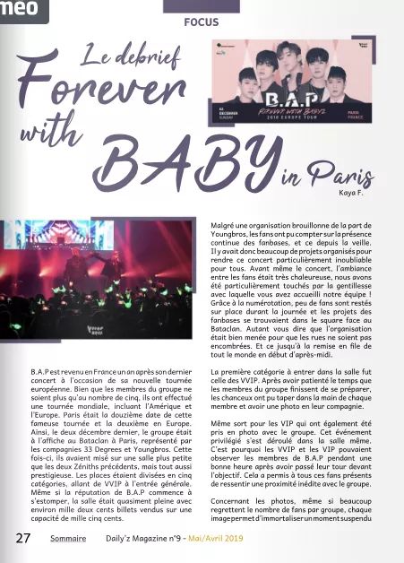 DailyzMag's tweet photo. DAILY'Z MAG N°9
-Debrief Forever with BABY in Paris-

«Le spectacle a débuté à 18h passé. La salle était particulièrement bouillonnante de passion [...]»

Découvrez le debrief du concert de B.A.P à Paris en décembre dernier, de beaux souvenirs ! 👉 https://t.co/lJFQw4pggp https://t.co/AwRVgVLEoE