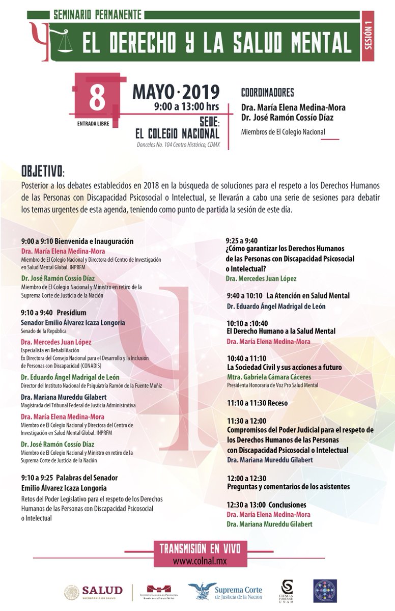 #savethedate No se pueden perder esta primer sesión del Seminario Permanente El Derecho y la Salud Mental que tendrá lugar el 8 de mayo a las 9 am en El Colegio Nacional, entrada libre.
Los esperamos, aquí nuestro programa completo. <a href="/ColegioNal_mx/">El Colegio Nacional</a> <a href="/JRCossio/">José Ramón Cossío D.</a> <a href="/mmureddug/">mariana mureddu</a> <a href="/INPRFM/">PSIQUIATRÍA INPRFM</a>
