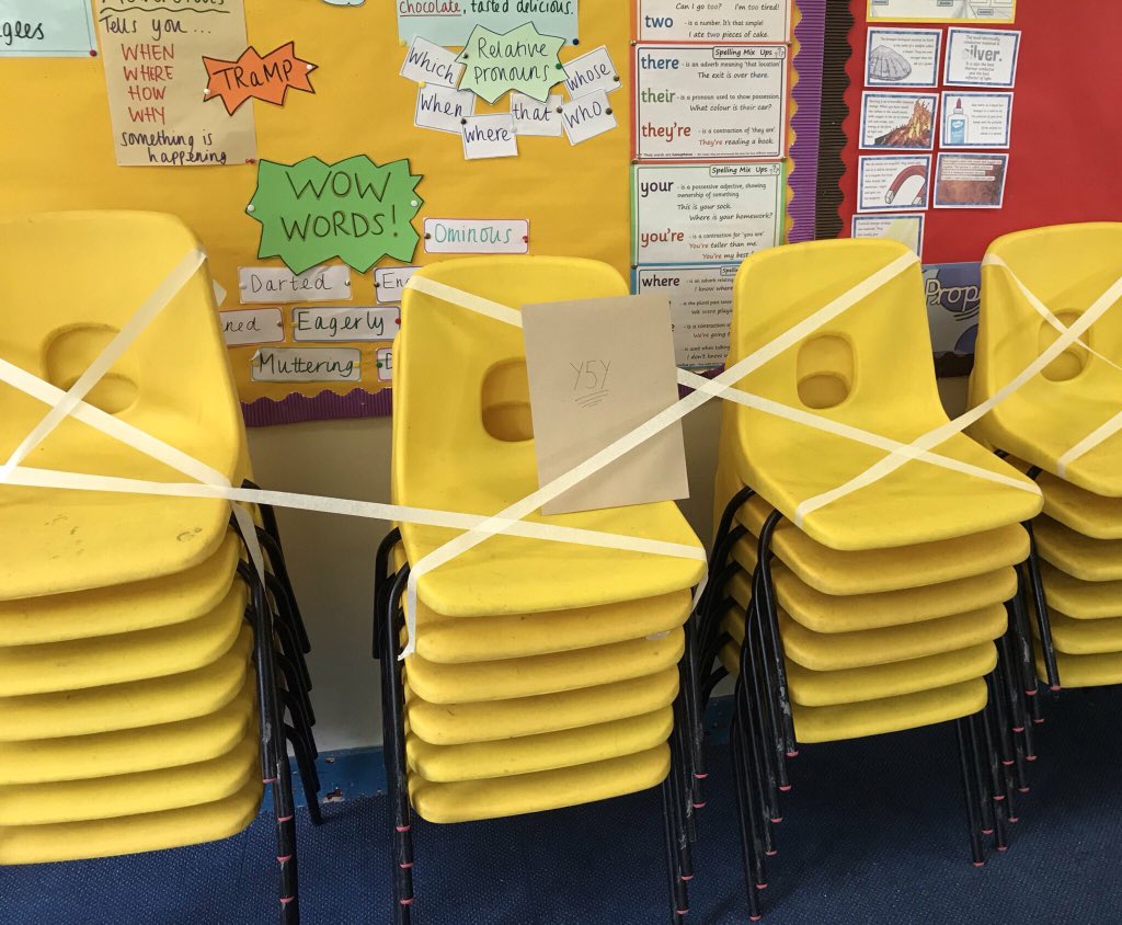missmccracken's tweet photo. The chairs in Year 5 quit today...I had children laying on and under tables, standing up, leaning against walls and hiding in the book corner. A great first week back! Thanks for the inspiration @MrBoothY6 😄 https://t.co/yEtmxtRMbG