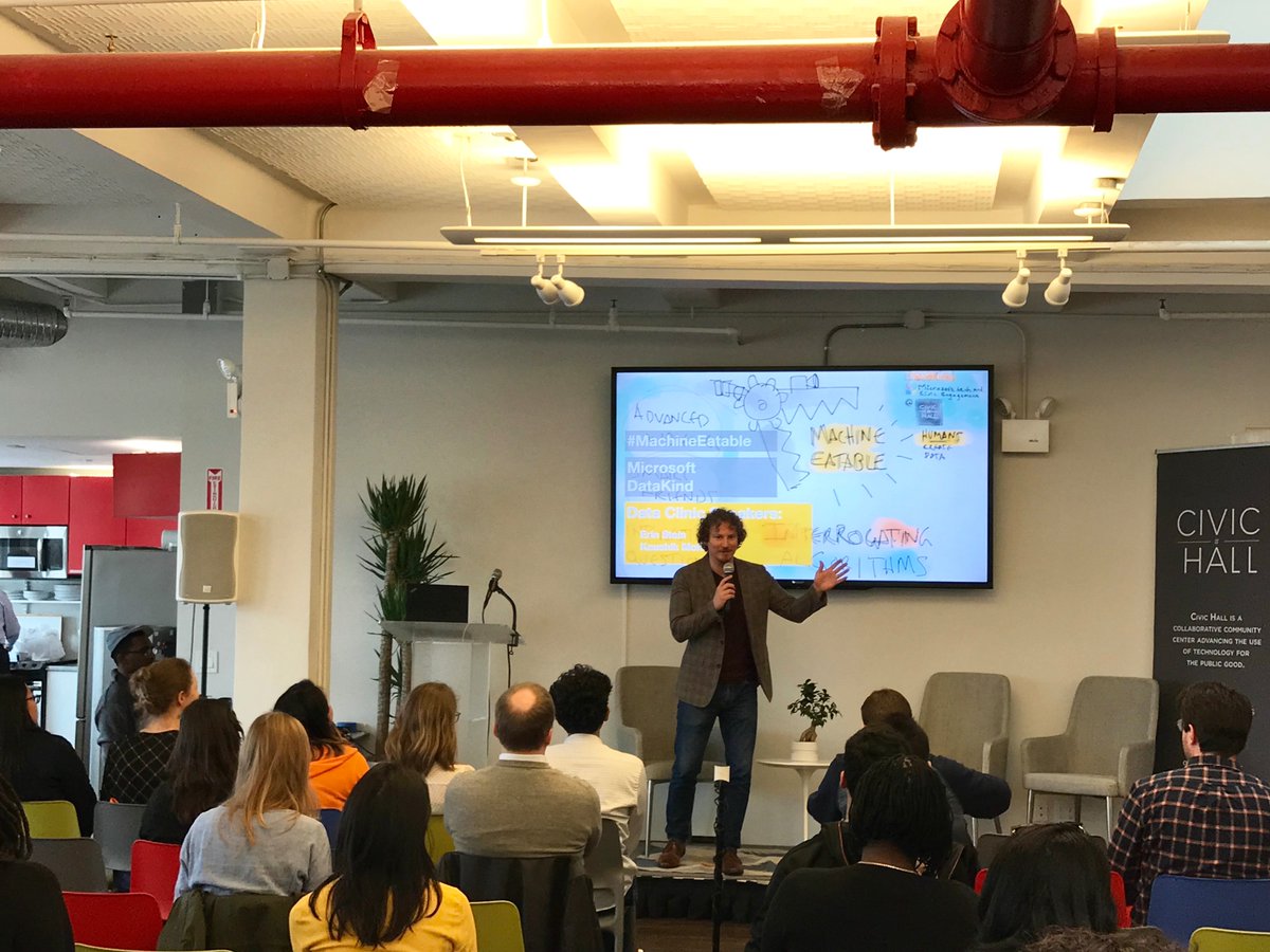 DataKind's tweet image. Packed house for today&apos;s #MachineEatable at @CivicHall w/@Microsoft Cities Director, @johnpaulfarmer &amp;amp; @tsdataclinic’s @eeeestein &amp;amp; @Kaushik_ks12, talking about #NewerHoods, an interactive open source tool. Can’t make it? No worries, view it on FB live: bit.ly/2UjDSSk