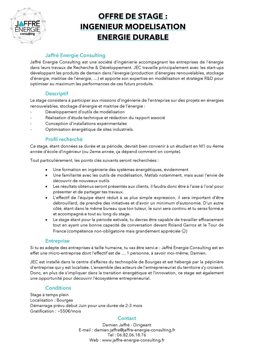 JAFFRÉ ENERGIE CONSULTING recherche un stagiaire à partir de juin. Tous les détails et contacts sont dans l'annonce! N'hésitez pas à partager! #stage #ingenieur <a href="/ste_interfaces/">Société INTERFACES</a> <a href="/groupeinsa/">Groupe INSA</a>