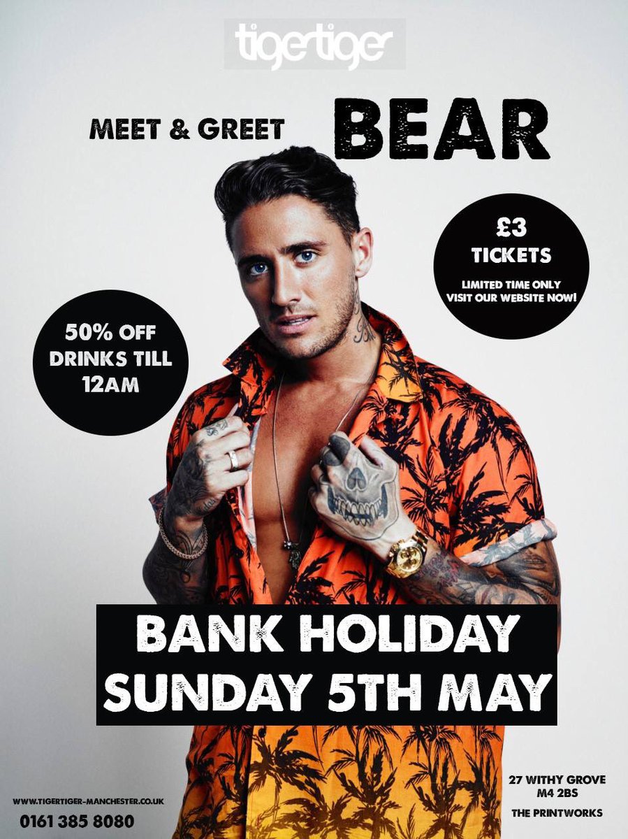 Have you seen who is joining us this Bank Holiday Sunday?! 🐻

Tickets are ONLY £3, get yours now! 👇
tigertiger-manchester.co.uk/manchester/05-…