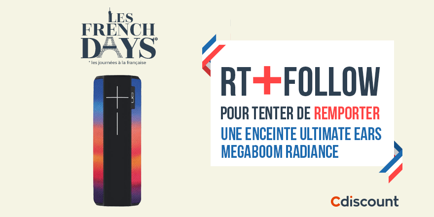 Cdiscount's tweet image. 🎁 #Concours #FrenchDays

👌 Une enceinte Ultimate Ears Megaboom radiance à remporter pour les #FrenchDaysCdiscount &amp;gt; bit.ly/2ZxAFS6

🔸 Pour tenter de le gagner : RT + Follow @Cdiscount

☑️ TAS 03/05