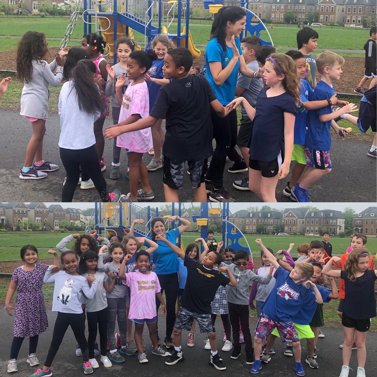High-fives for everyone after our class lap around the track on #FitFriday! #teamwork #secondgrade #lcps19