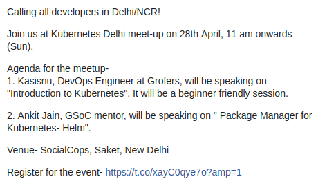 Calling all developers in Delhi/NCR!
Join us at Kubernetes Delhi meet-up on 28th April, 11 am onwards (Sun).
Venue- SocialCops, Saket, New Delhi
Register for the event- forms.gle/KdcVfbjN4tMyuf…
#meetup #kubernetes #OpenSource