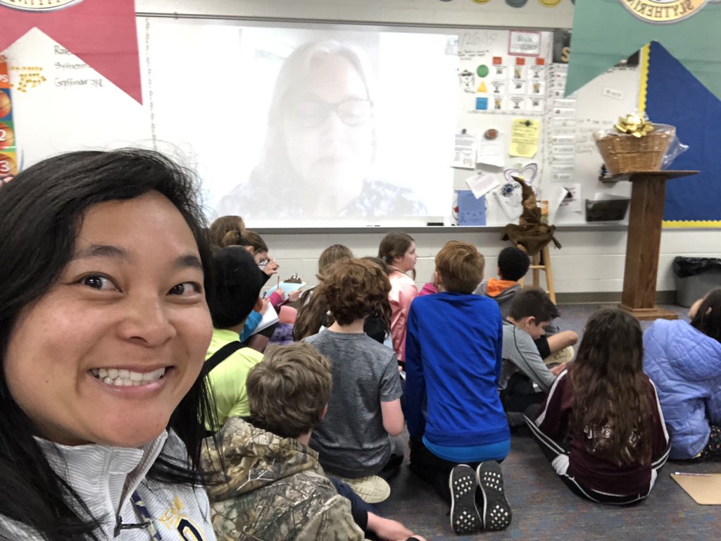sniemi01's tweet photo. So my Friday consisted of listening in on the Skype interview that #ClearLakeIB @LBrenn01’s class won with famous author @kaaauthor &amp; taking a selfie with an elephant in @BradBigelow’s office. BEST DAY EVER! #TeamO 💛💙 https://t.co/gTxPdYW4ny