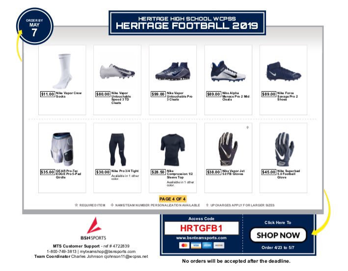 heritagehsfball's tweet photo. BSN ONLINE TEAM GEAR STORE
CODE: HRTGFB1
Closes May 7th
•First 4 items REQUIRED:
   > T-Shirt
   > Shorts
   > Polo (*OPTIONAL if athlete owns last year’s version)
   > 1/4 Zip
https://t.co/JhaAKBNlaK https://t.co/YchtrIIVoA