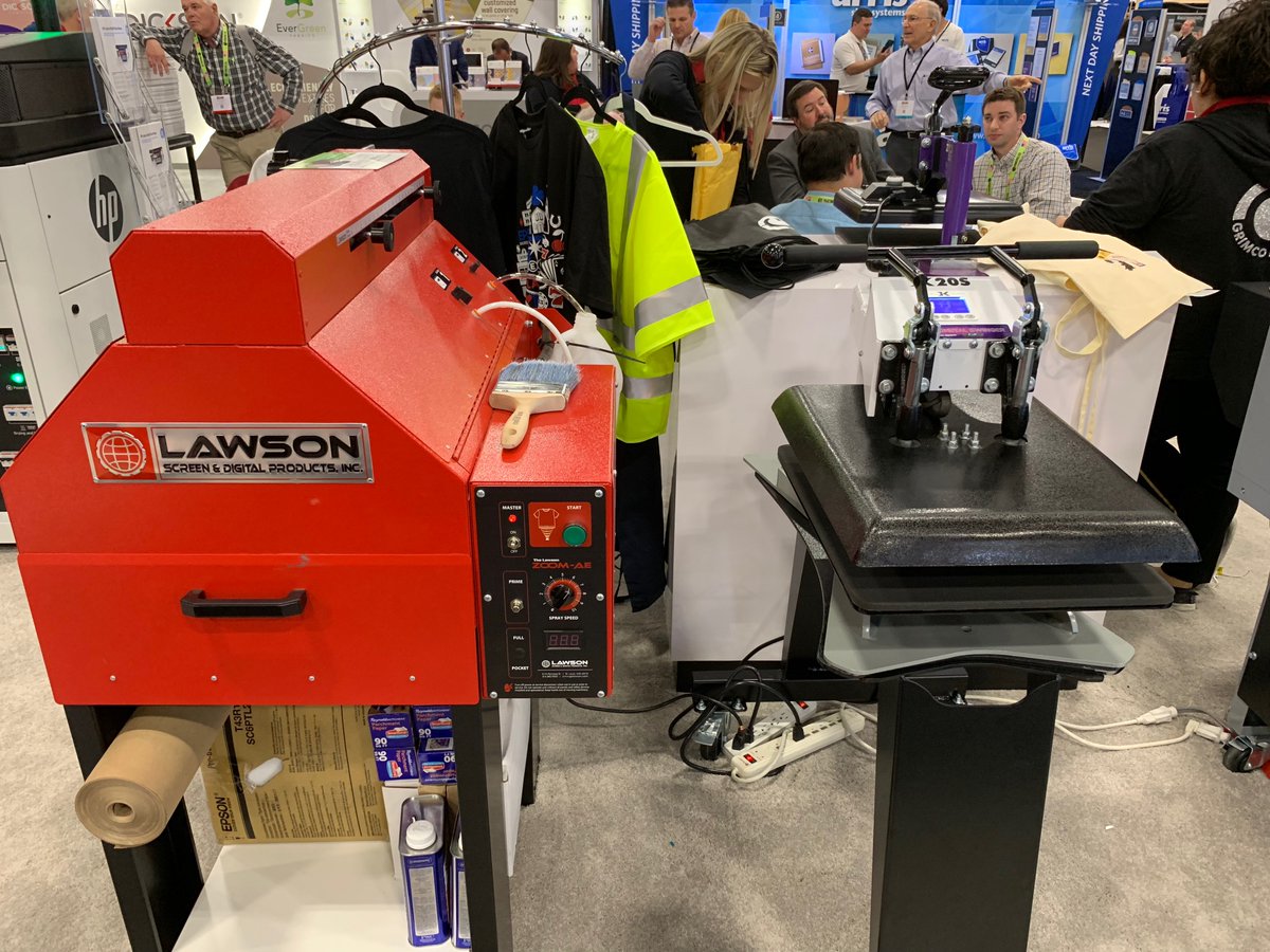 NHellmuth_'s tweet photo. Lawson Screen &amp; Digital Products @lawsonsp had noticeable presence in several T-shirt printing equipment booths at #signexpo ISA 2019. The Lawson Pre-Treat Zoom-AE was a perfect size for start-ups (when you get larger you can evolve to larger Lawson T-shirt workflow models). https://t.co/VadA8NJpjb