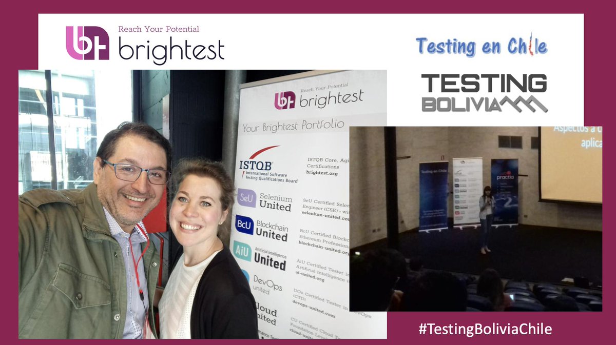 BrightestOrg's tweet photo. Emilie Potin-Suau de @BrightestOrg con Claudio Carvajal Z. de @QAnova en el #Brightest stand del #Testingenchile &amp; @NadiaCavalleri en el escenario.  Qué día tan increíble en Santiago de Chile! https://t.co/5mbGTW18sB