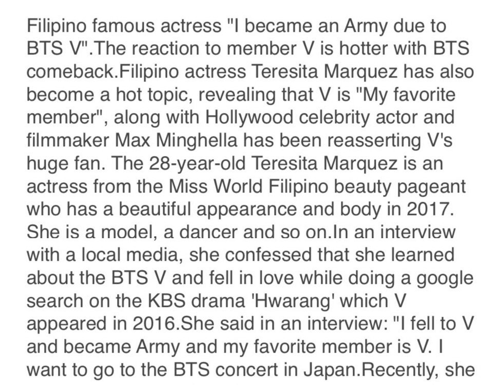 37. Teresita Ssen "Winwyn" Marquez a Filipino actress, model, dancer & beauty queen who was crowned the 1st Reina Hispanoamericana Filipinas title in the Miss World Philippines 2017 pageant said that Taehyung is her favorite member & she became an Army bc of him #BTSV  @BTS_twt