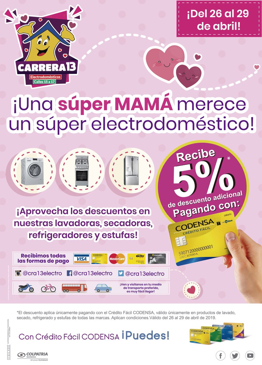 cra13electro's tweet photo. ¡Porque una Súper Mamá merece siempre lo mejor, regálale el electrodoméstico que tanto quiere!👸 
Aprovecha del 26 al 29 de abril recibe el 5% de descuento adicional en nuestros productos de lavado, secado, refrigerado y estufas pagando con tu @CreditofCodensa 💸🤑💳 https://t.co/wcWOIil8G5