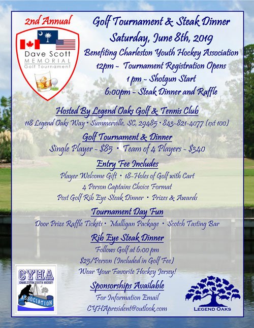 LegendOaksGolf's tweet photo. Time to put your golf teams together! Save the Date for the 2nd Annual Dave Scott Memorial Golf Tournament benefiting Charleston Youth Hockey Association! Click the link below to print the Registration/Sponsor brochure!
https://t.co/CeVMcn08nX https://t.co/VmUK8eL8XB