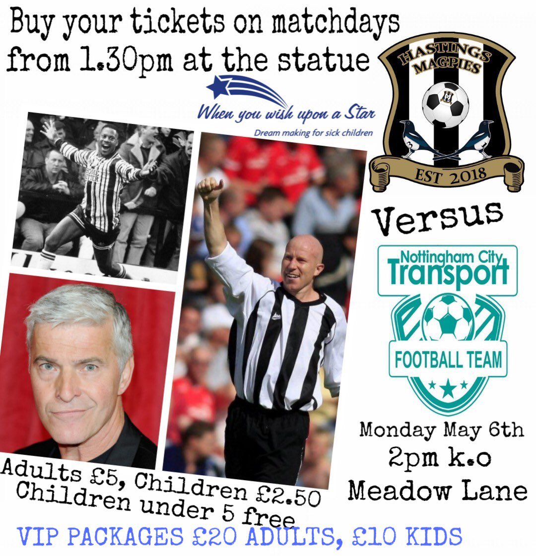 HastingsMagpies's tweet image. We will be at the jimmy sirrel statue tomorrow from 1.30 onwards selling tickets 

⚽️ Hastings Magpies v Nottm City Transport
📆 |Monday May 6th @ Notts County FC. 2pm KO