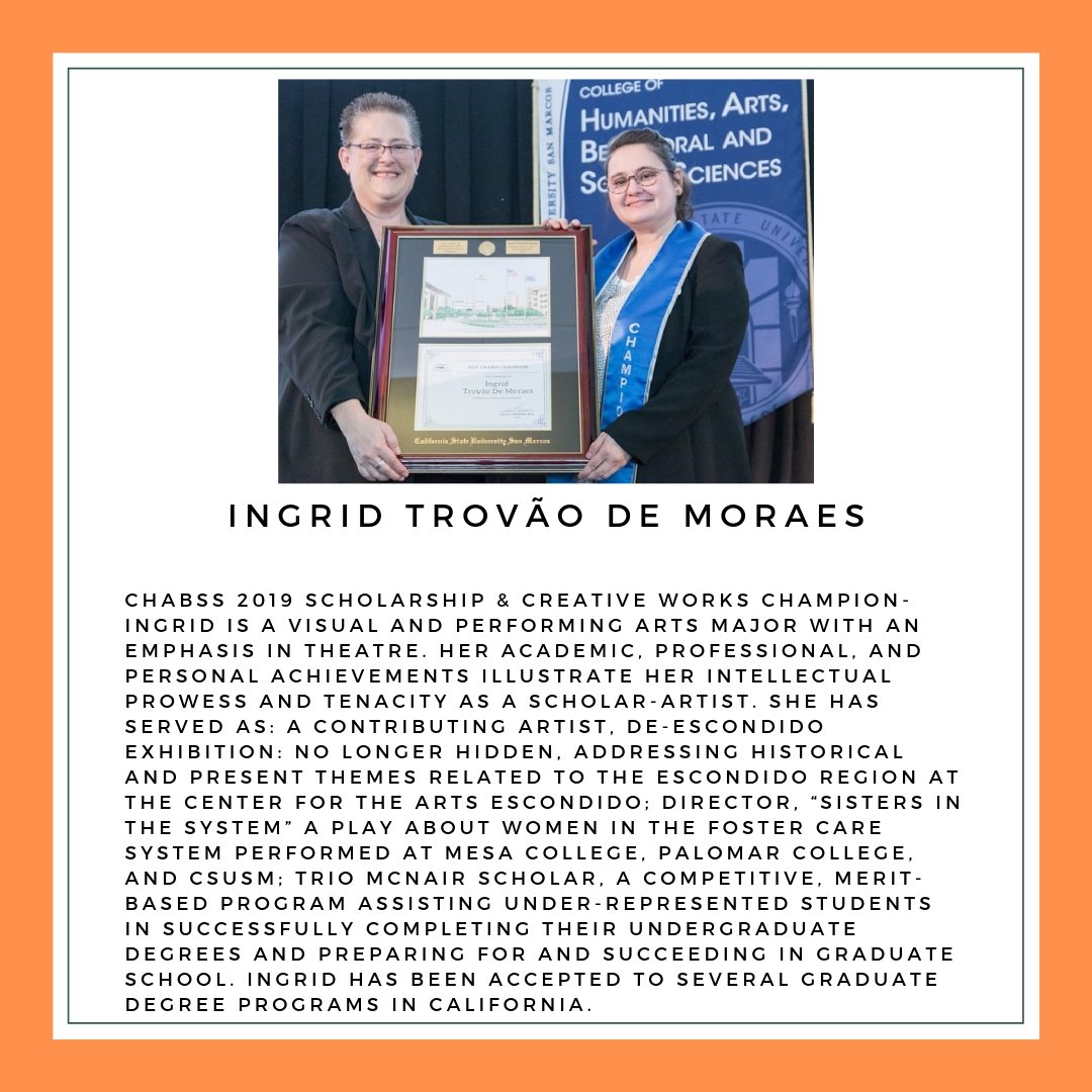csusm_chabss's tweet photo. Three cheers for 👏👏👏Ingrid Trovão De Moraes our CHABSS 2019 Scholarship & Creative Works Champion! #chabss #csusm https://t.co/NTZEFYas0x