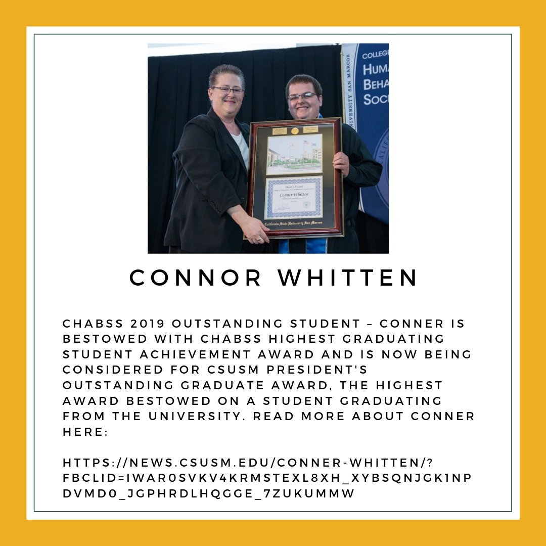 csusm_chabss's tweet photo. Three cheers for 👏👏👏Conner Whitten our CHABSS 2019 Outstanding Student! #chabss #csusm https://t.co/TrQDvDvAR2