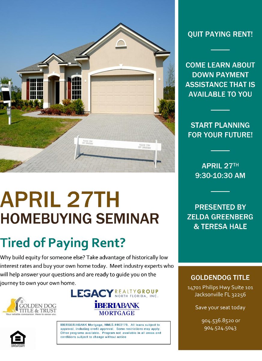 ZeldaRealtor's tweet image. #StopPayingRent Sat. April 27th. FREE Home Buyer Seminar. Breakfast Served. 14701 Philips Hwy Jacksonville. FL. 9:30-10:30 AM. Experts on hand to answer questions.