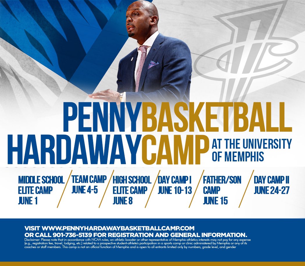 Time for the Penny Hardaway Basketball Camp @pennybballcamp at The University of Memphis. M.S. Camp June 1 Team Camp June 4-5 H.S. Camp June 8 Day Camp I June 10-13 Father/Son Camp June 15 Day Camp II June 24-27 For more, please visit pennyhardawaybasketballcamp.com See you there!