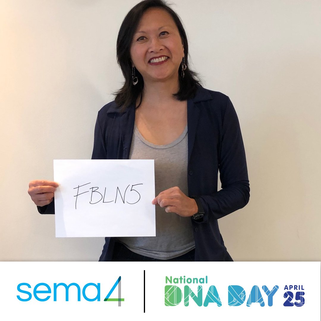 sema4's tweet photo. “"DANCE” is the alias for my #FavoriteGene, FLBN5, which makes fibulin-5, providing strength and flexibility to connective tissue. Plus I’m sure I inherited this gene from my dad since he won a dance contest at age 60! – Annie, Associate Director, PMO #DNADay2019 https://t.co/q12L80P2Kx
