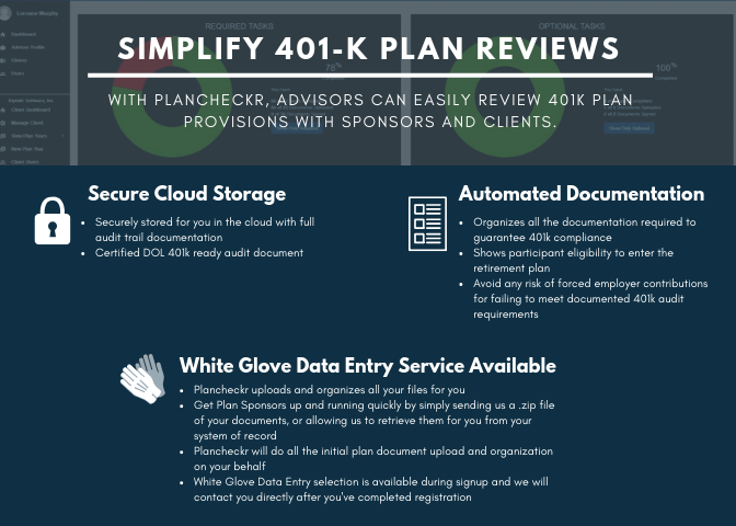 With Plancheckr, advisors can easily review 401K plan provisions with sponsors and clients. Planchekr provides: secure cloud storage, automated documentation, and white glove data entry. Learn more at: lnkd.in/gKQpNSu