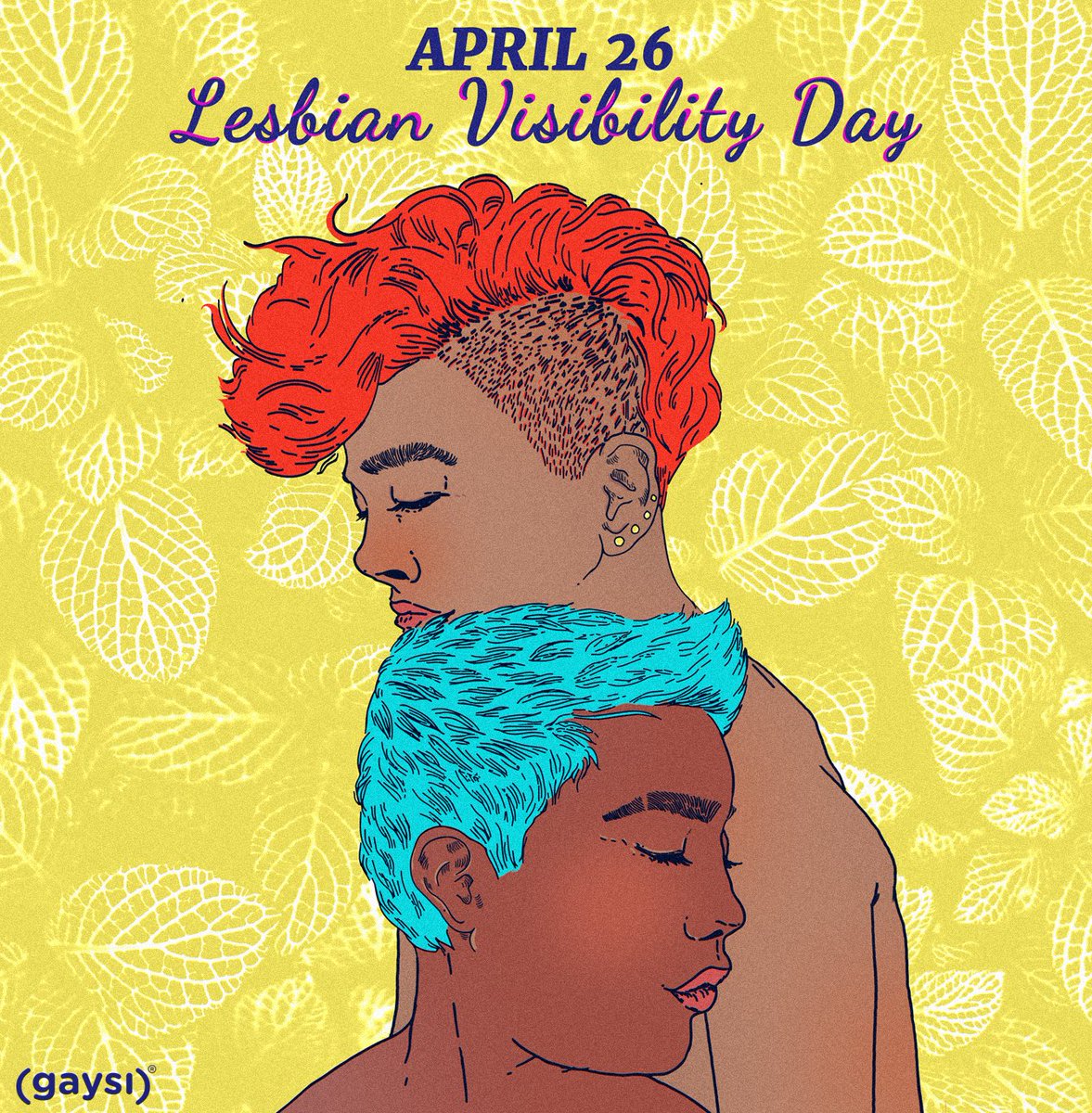 ‪Illustration of two women with short hair, one bright red and one turquoise. Text reads “April 26, Lesbian Visibility Day”‬